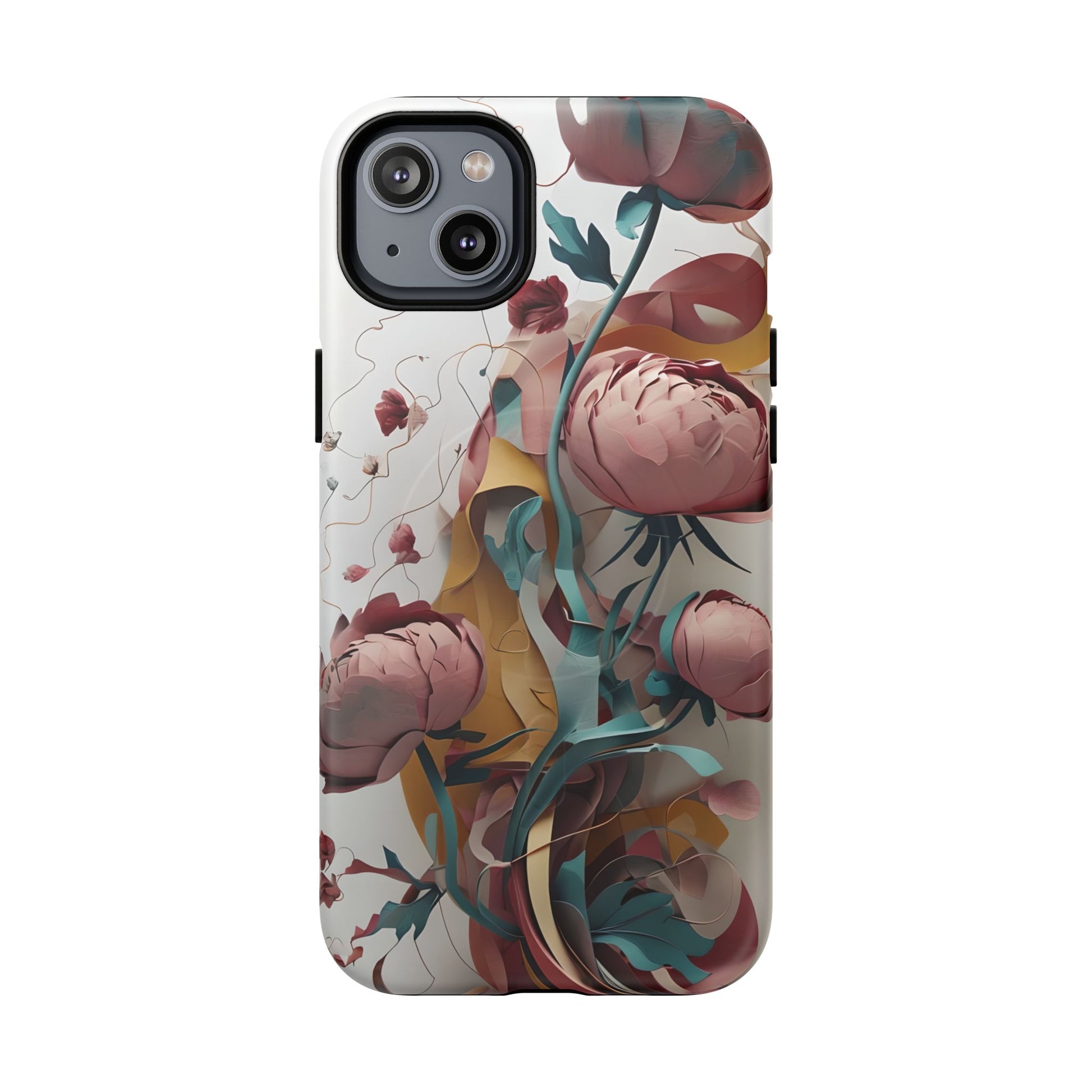 Blushing Peony Veil - Elegant Painterly Floral iPhone 14 Plus MagSafe Phone Case - Soft Blush & Teal Peony Design