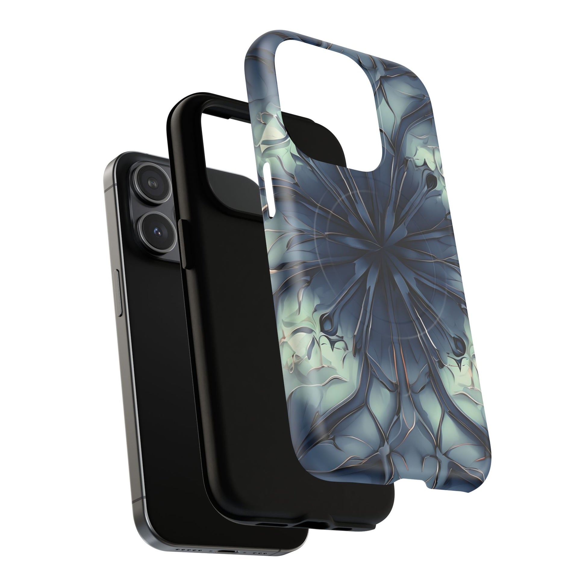 Indigo Mosaic - Artistic Kaleidoscope Collection Artistic Floral - iPhone 15 Pro MagSafe Phone Case -Bold Blue Symmetrical Design