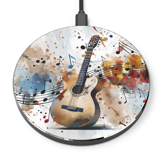 Strum and Flow guitar music art Qi wireless charger with colorful musical notes and acoustic guitar design