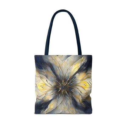 Luminous Petal Tote Bag (16x16 & 18x18)- Radiant Bloom in Gold and Indigo on Deep Navy Canvas, Reusable & Eco-Friendly