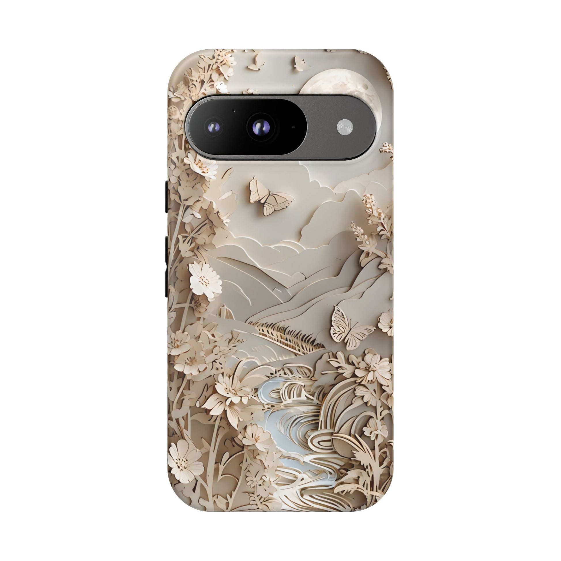 Moonlit Garden - Elegant Neutral Floral Google Pixel 9 Tough Phone Case - Painterly Botanical & Moon Design