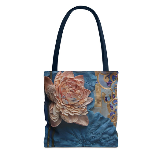 Peony Midnight Tapestry canvas tote bag featuring peony floral tapestry design with navy handles