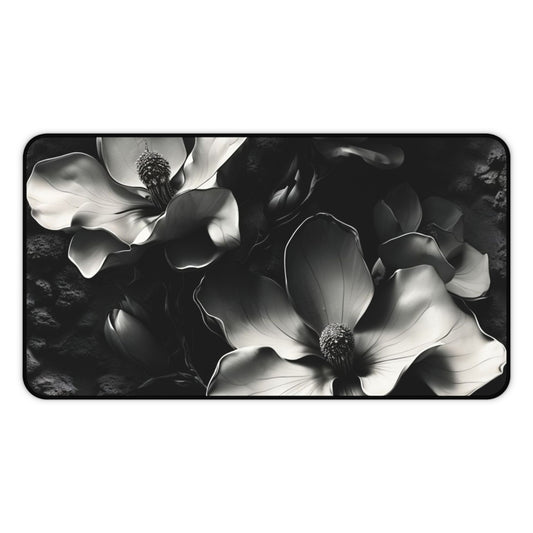 Monochrome Magnolia desk mat featuring black and white magnolia floral artwork