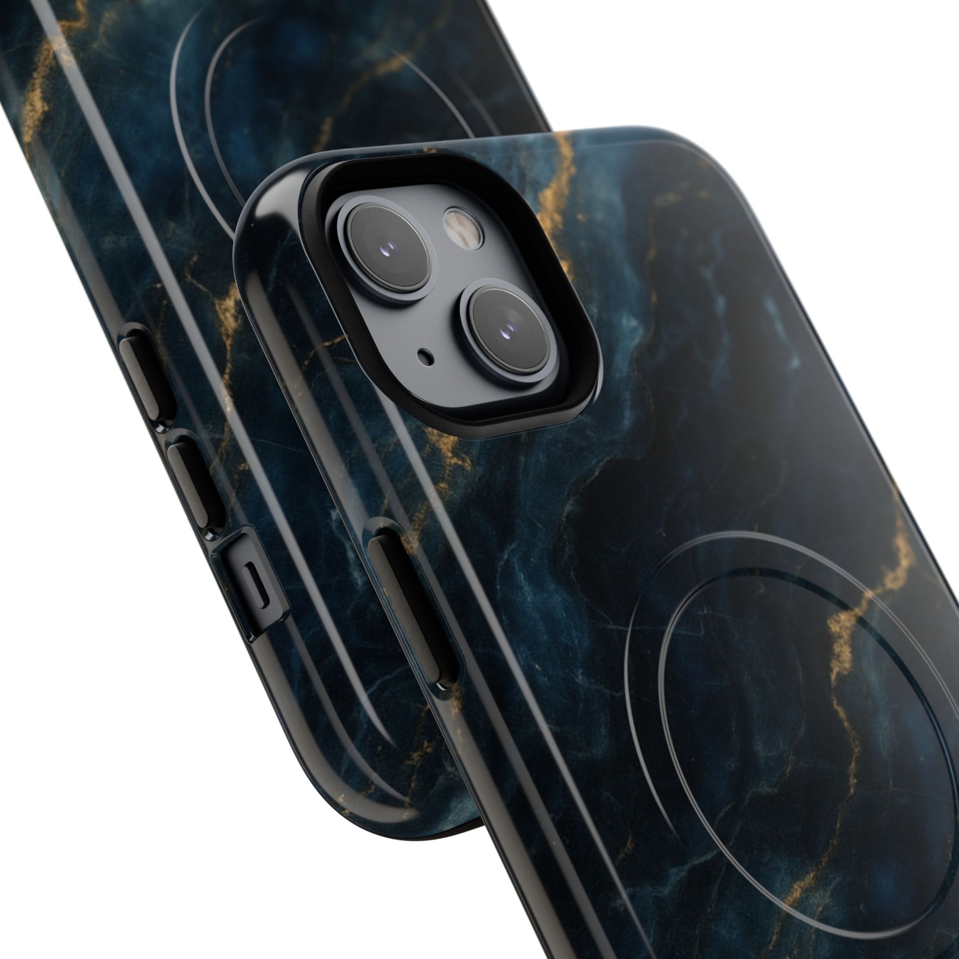 iPhone MagSafe case with dark navy marble design close angled view.