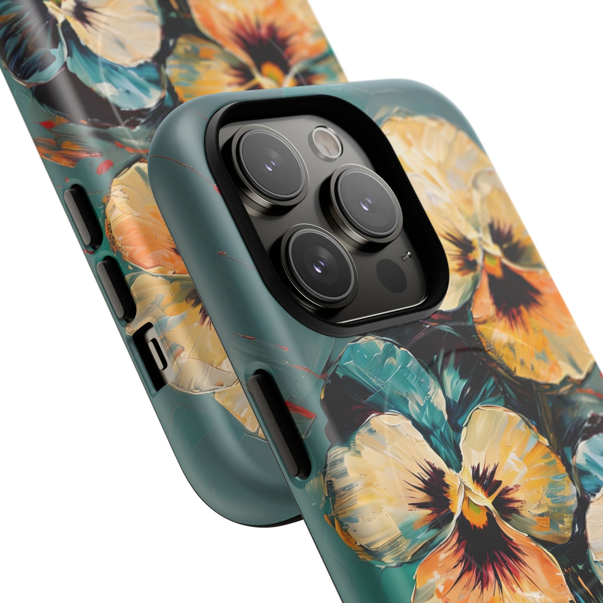 Golden Pansy Cascade - Elegant Floral iPhone 14 Pro MagSafe Case with Deep Teal Background