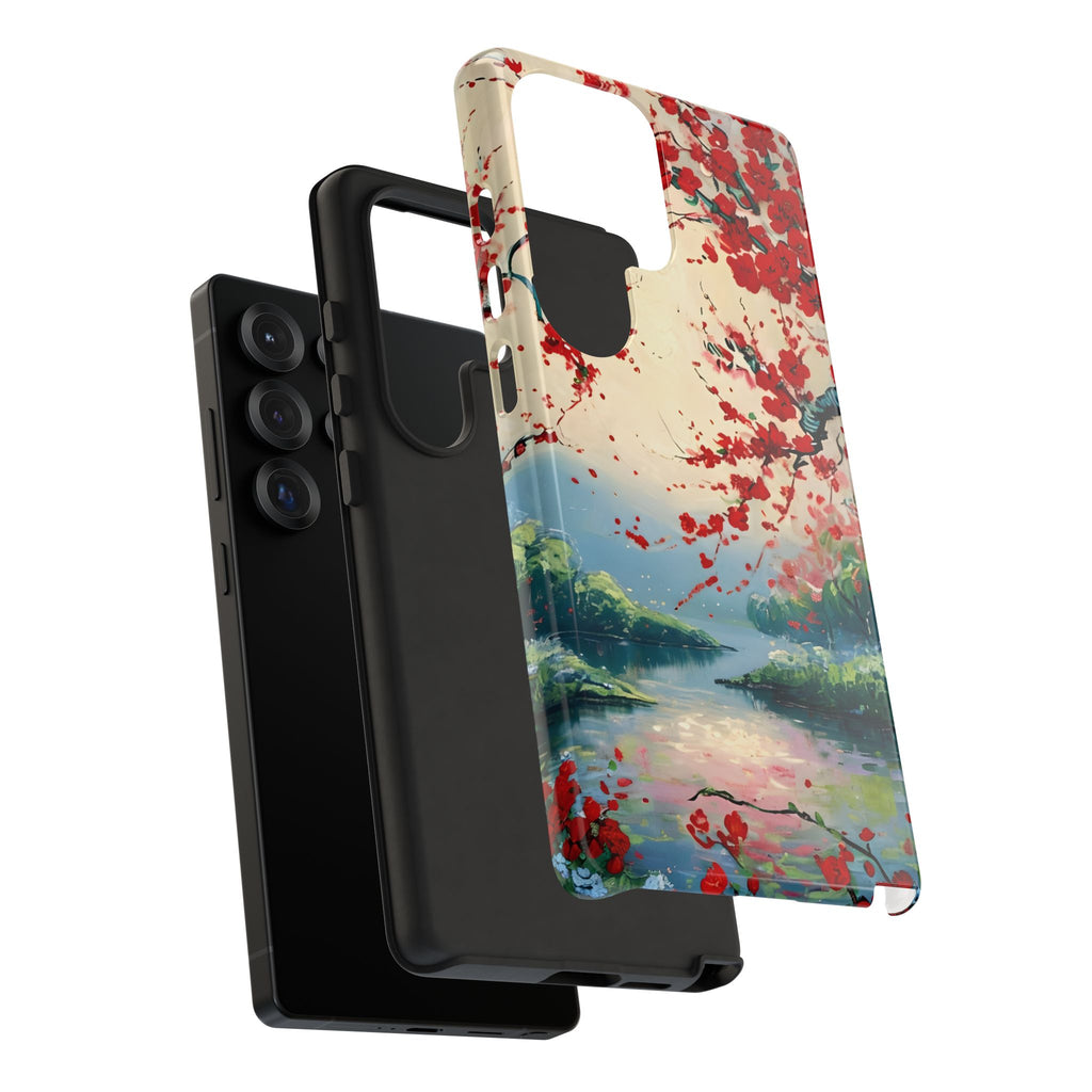 Crimson Blossom Lake - Artistic Floral Landscape Samsung Galaxy S25 Ultra Tough Phone Case - Red Cherry Blossoms & Serene Lake Design