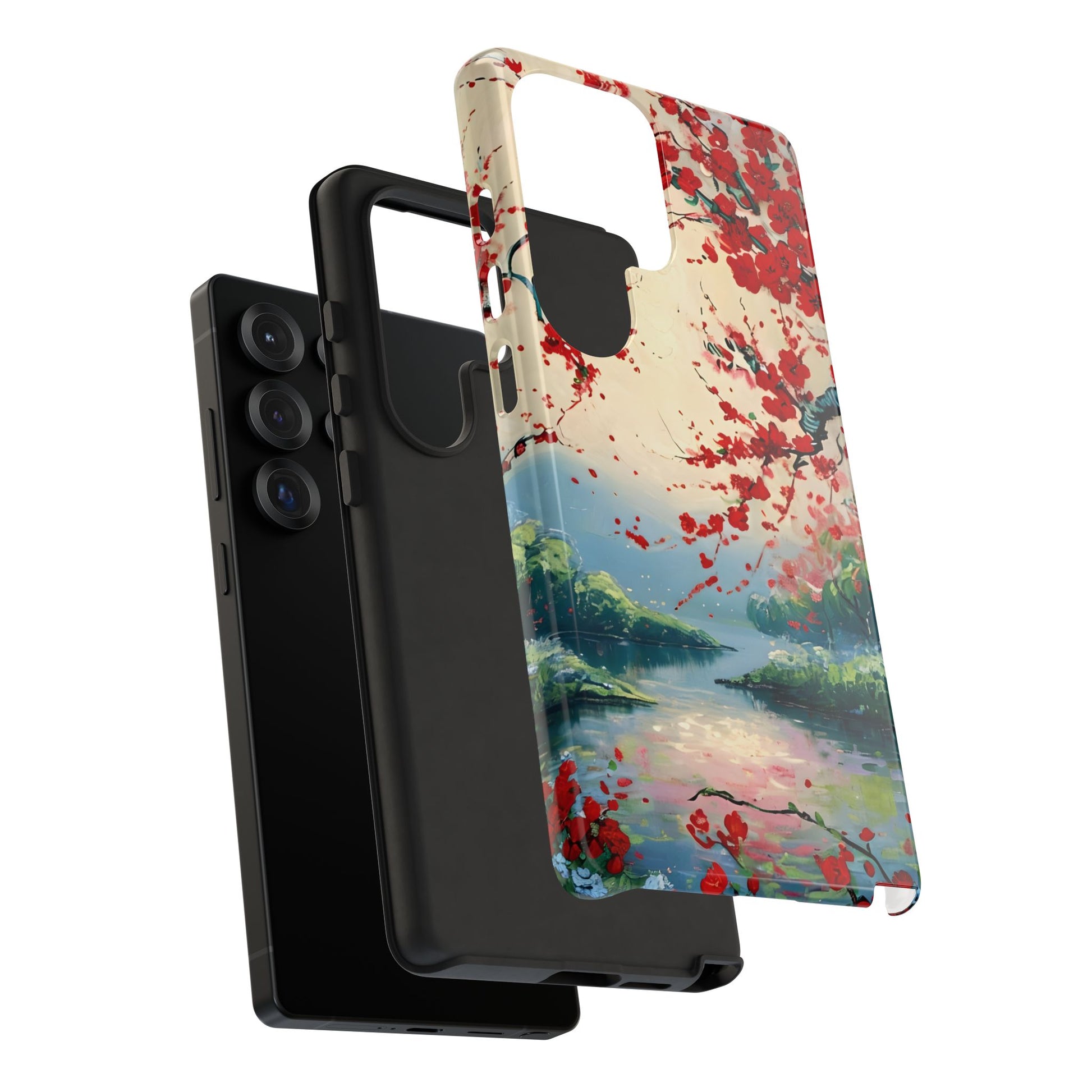 Crimson Blossom Lake - Artistic Floral Landscape Samsung Galaxy S25 Ultra Tough Phone Case - Red Cherry Blossoms & Serene Lake Design