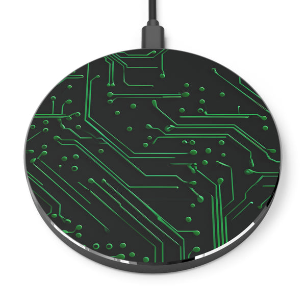 Green Circuit Grid Trio Qi Wireless Charger - 10W Fast Charging Pad for iPhone 15/16 - MagSafe Compatible Tech Inspired Design