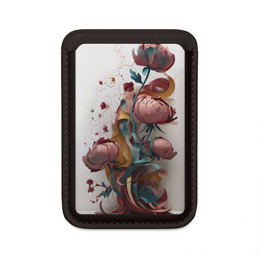 Blushing Peony Veil MagSafe card holder with pink peony flowers and flowing abstract ribbons on black magnetic wallet.