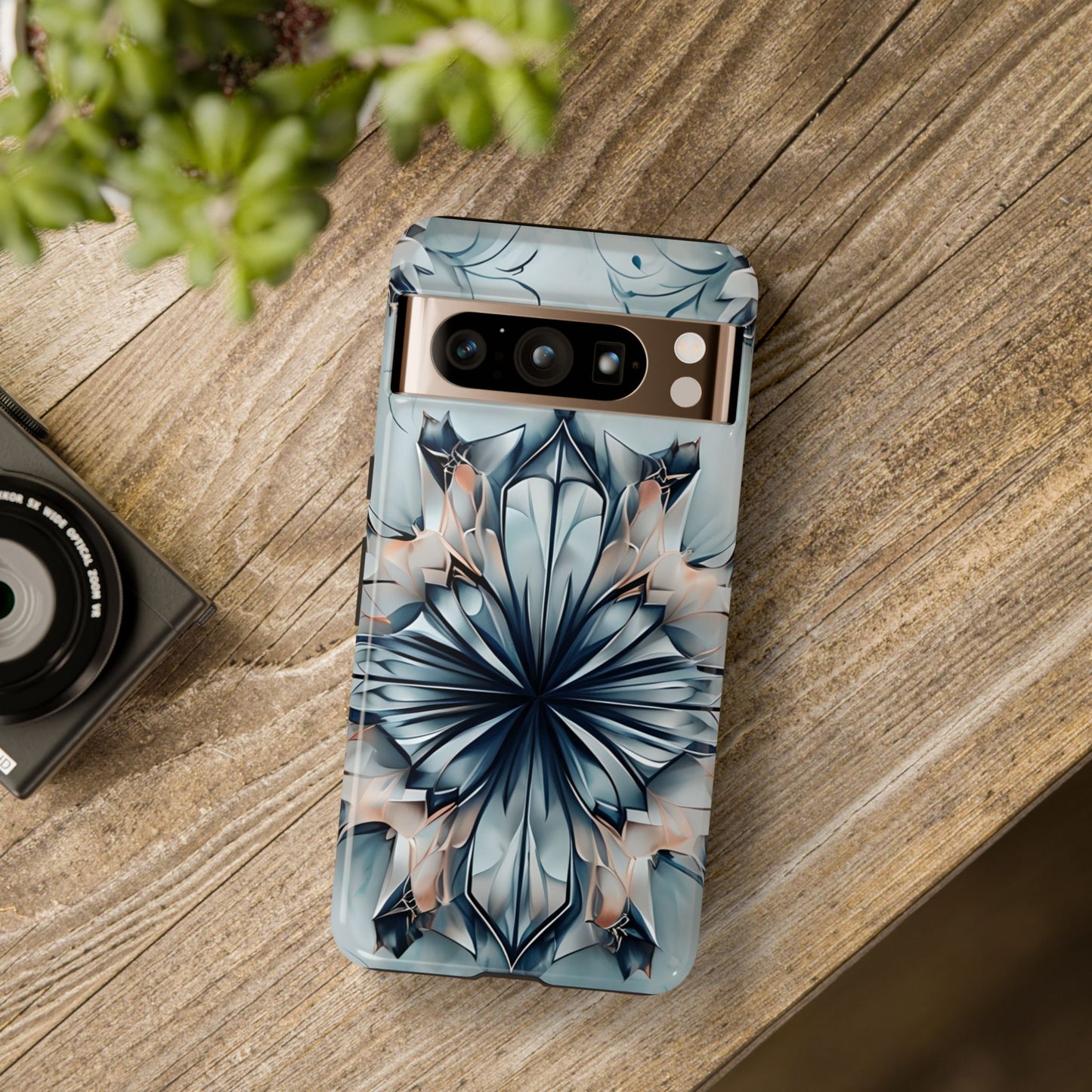 Indigo Mirage blue abstract floral mandala Google Pixel phone case lifestyle desk scene