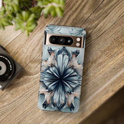Indigo Mirage blue abstract floral mandala Google Pixel phone case lifestyle desk scene