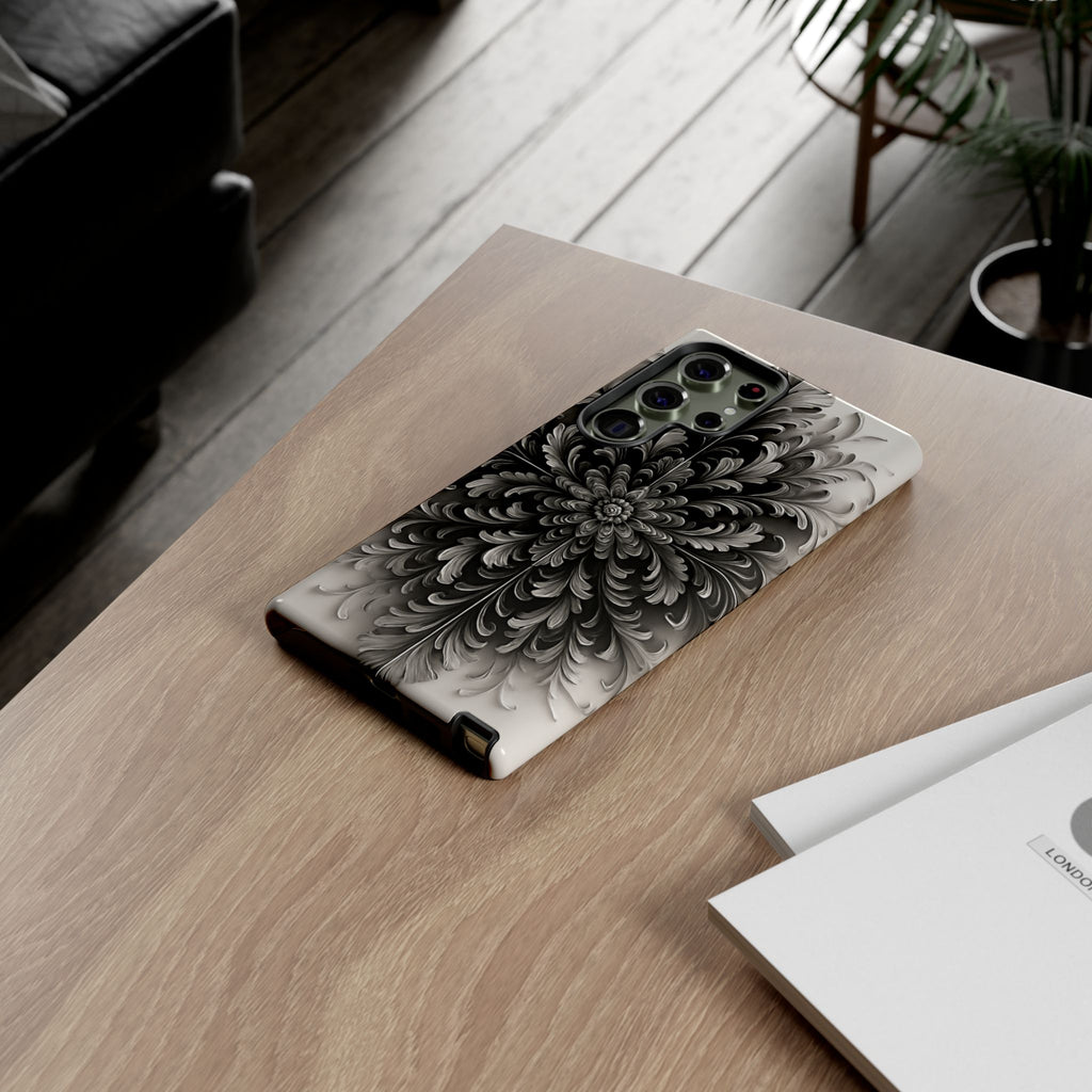Obsidian Bloom - Elegant Black & White Samsung Galaxy S23 Ultra Tough Phone Case - Intricate Mandala Flower Design