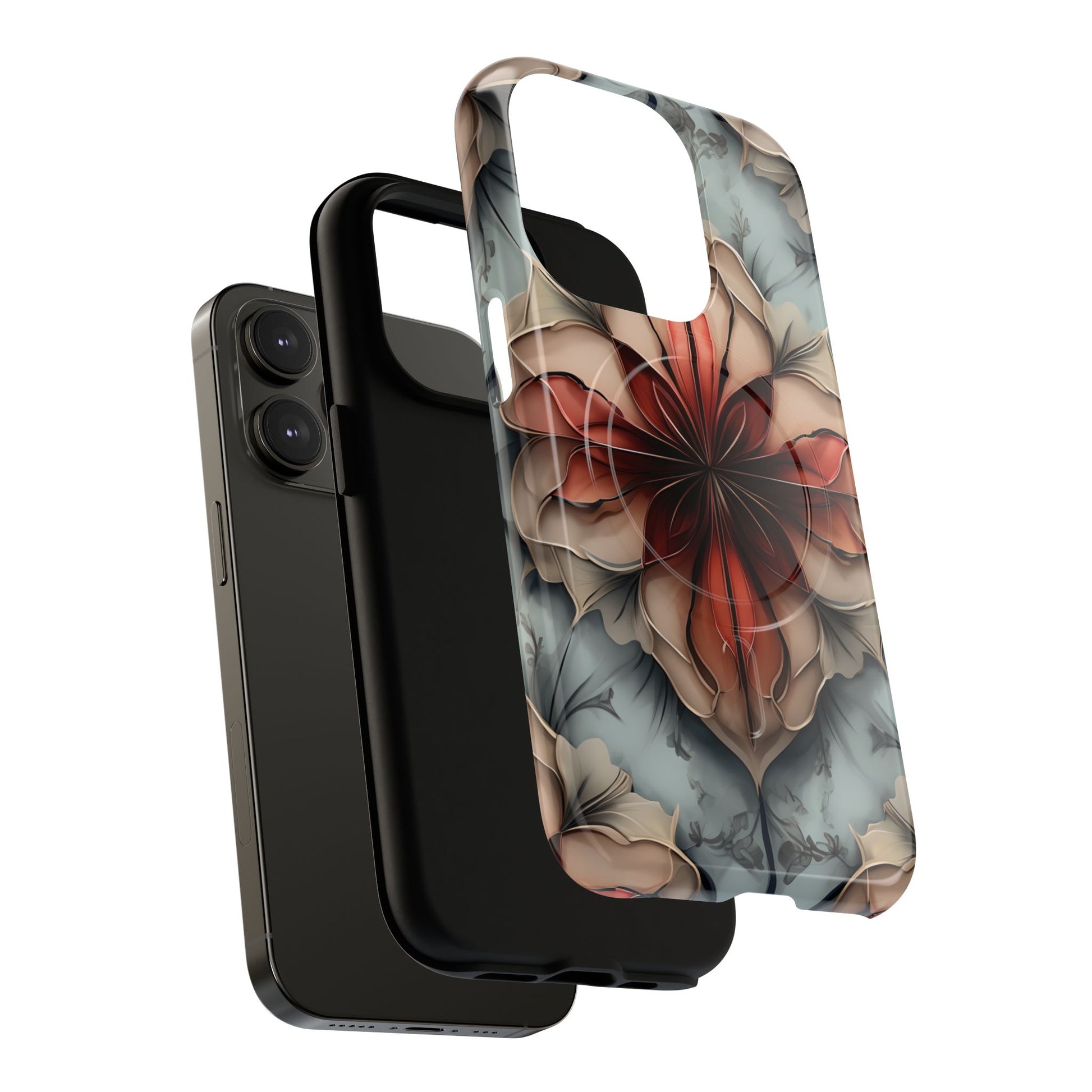 Ember Bloom - Kaleidoscope Collection Artistic Floral iPhone 14 Pro MagSafe Phone Case - Fiery Symmetrical Design