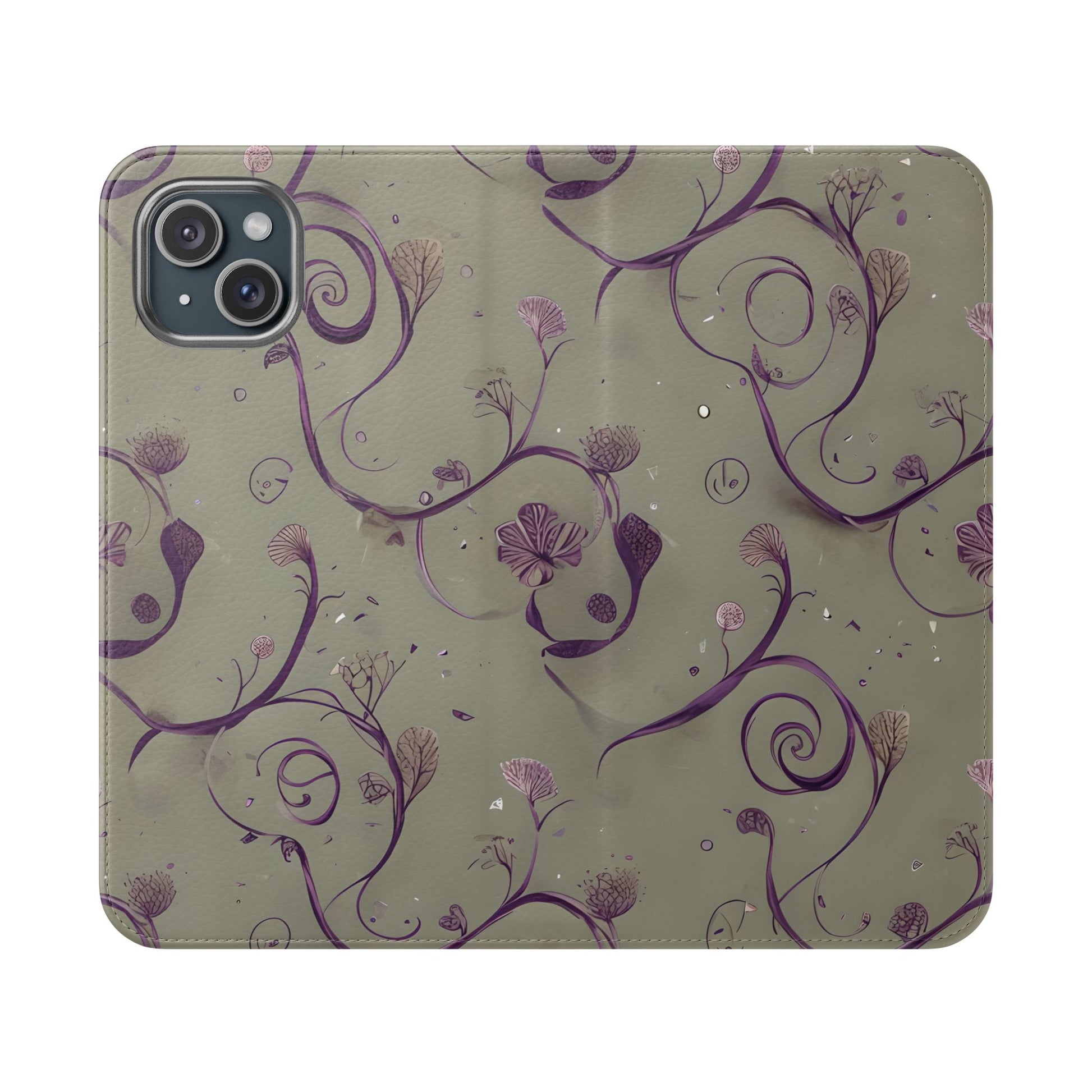 Twilight Thistle Bloom Wallet Phone Case - Elegant Purple Floral Vine Flip Cover for iPhone 15 Plus