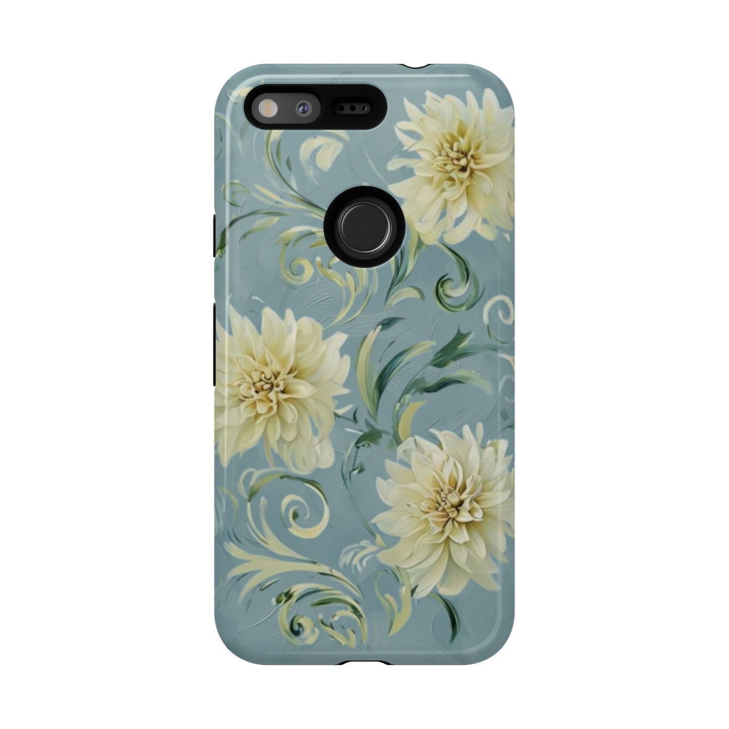 Golden Dahlia Trio - Elegant Floral Google Pixel Tough Phone Case - Artistic White & Blue Dahlia Design