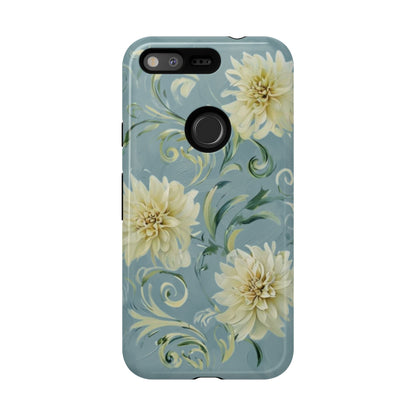 Golden Dahlia Trio - Elegant Floral Google Pixel Tough Phone Case - Artistic White & Blue Dahlia Design