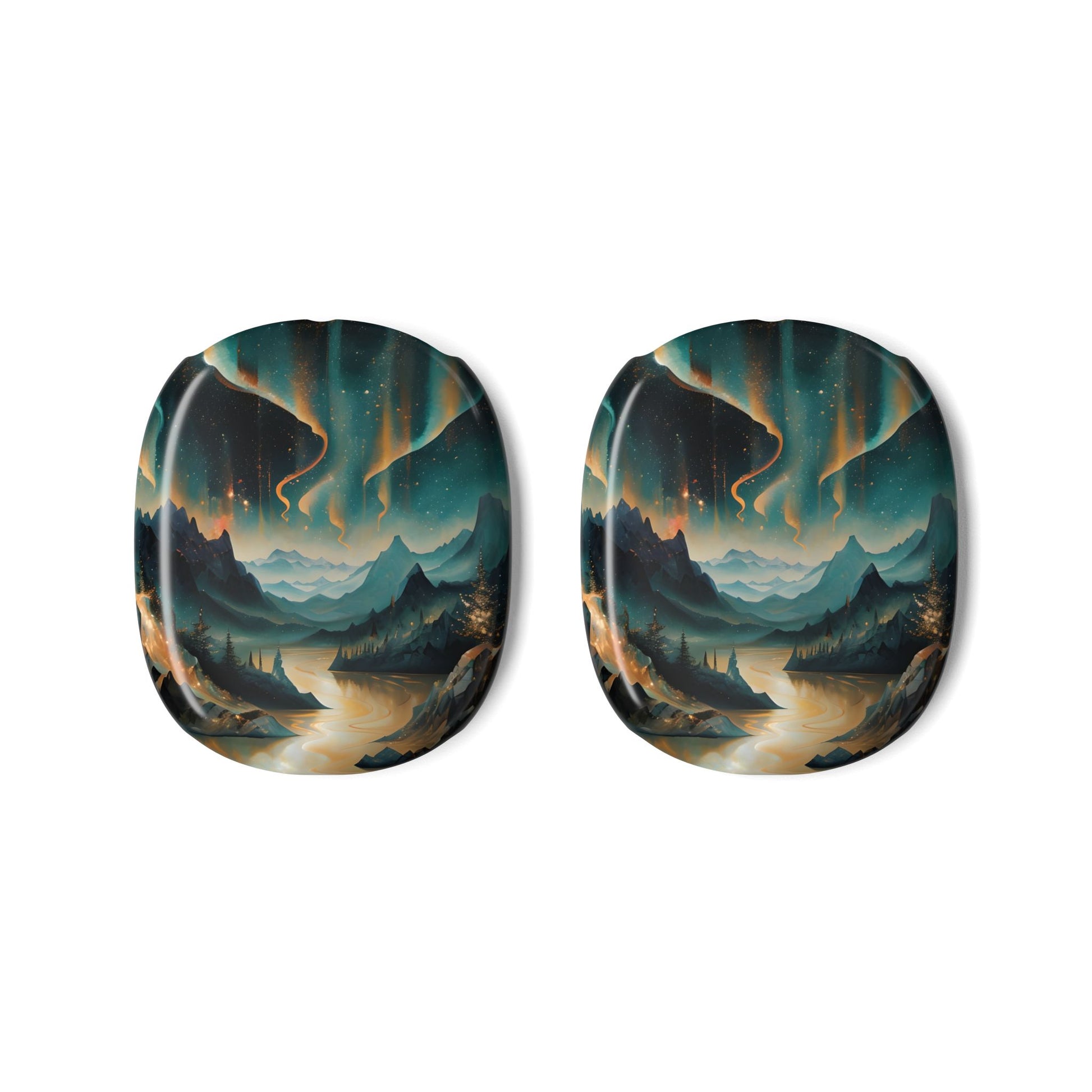 Aurora Dreamscape AirPods Max ear cup covers with teal and gold northern lights landscape artwork, flat product view