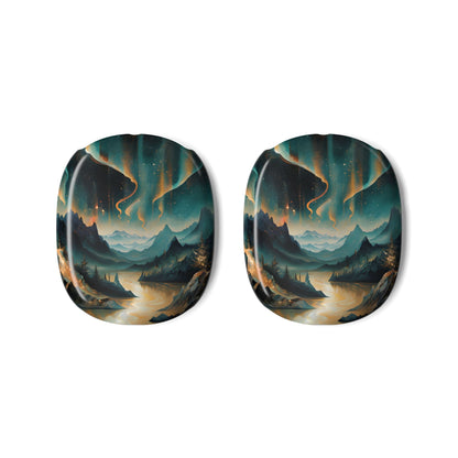 Aurora Dreamscape AirPods Max ear cup covers with teal and gold northern lights landscape artwork, flat product view