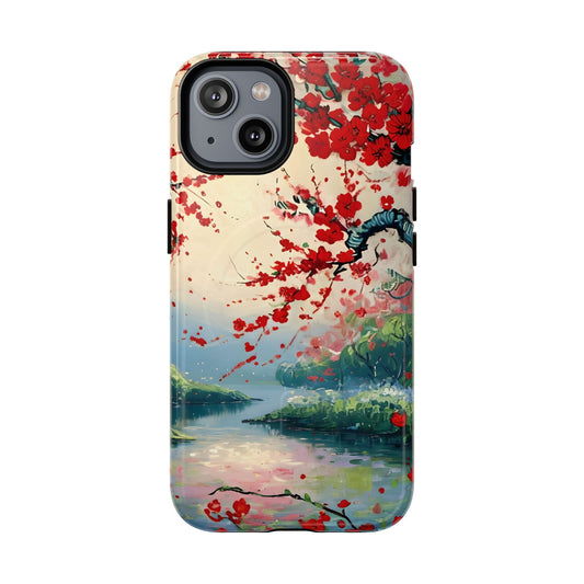 Crimson Blossom Lake - Artistic Floral Landscape iPhone MagSafe Phone Case - Red Cherry Blossoms & Serene Lake Design