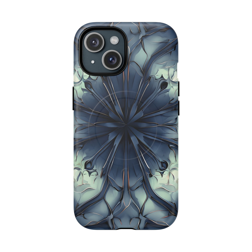 Indigo Mosaic - Artistic Kaleidoscope Collection Artistic Floral - iPhone 15 MagSafe Phone Case -Bold Blue Symmetrical Design