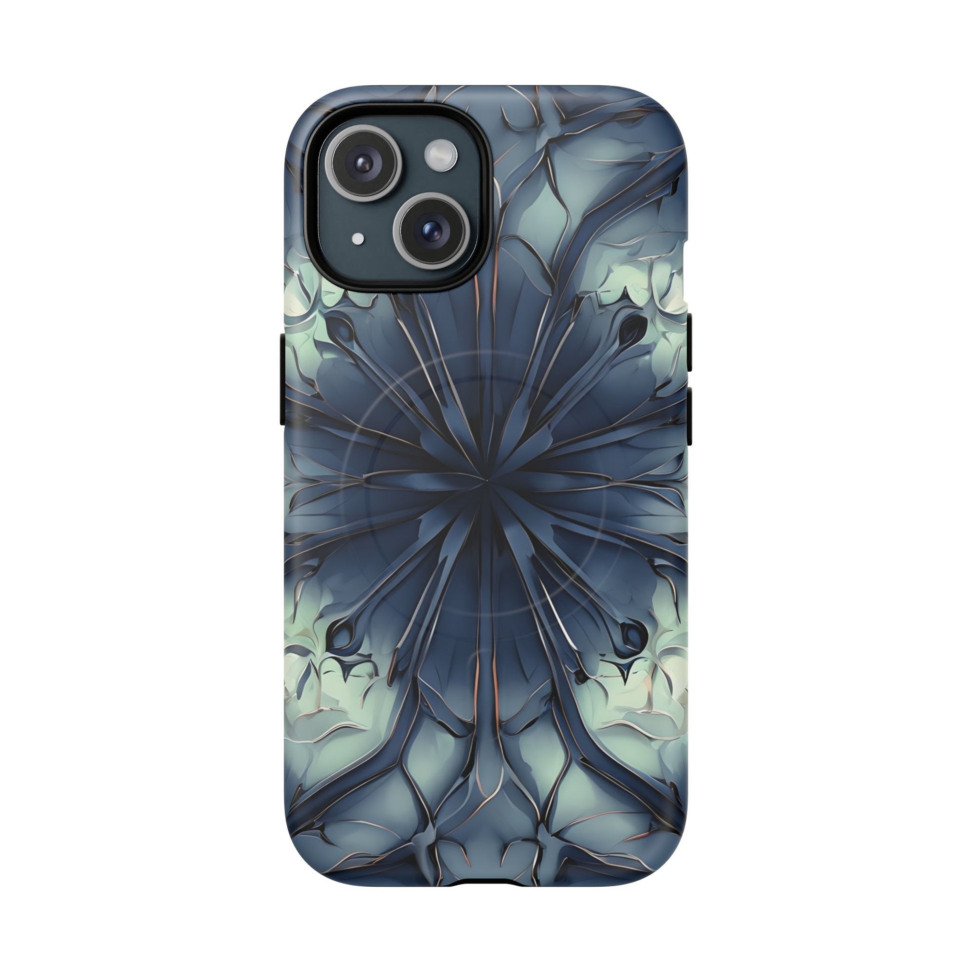 Indigo Mosaic - Artistic Kaleidoscope Collection Artistic Floral - iPhone 15 MagSafe Phone Case -Bold Blue Symmetrical Design