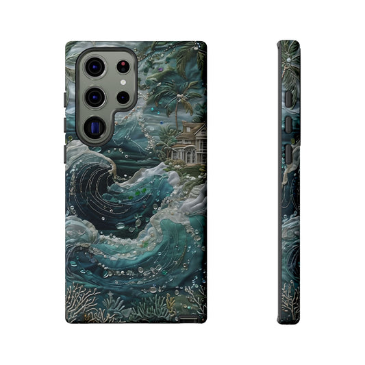 Tropical Midnight Wave Samsung Galaxy tough case with dramatic teal ocean wave and moonlit coastal village, back view