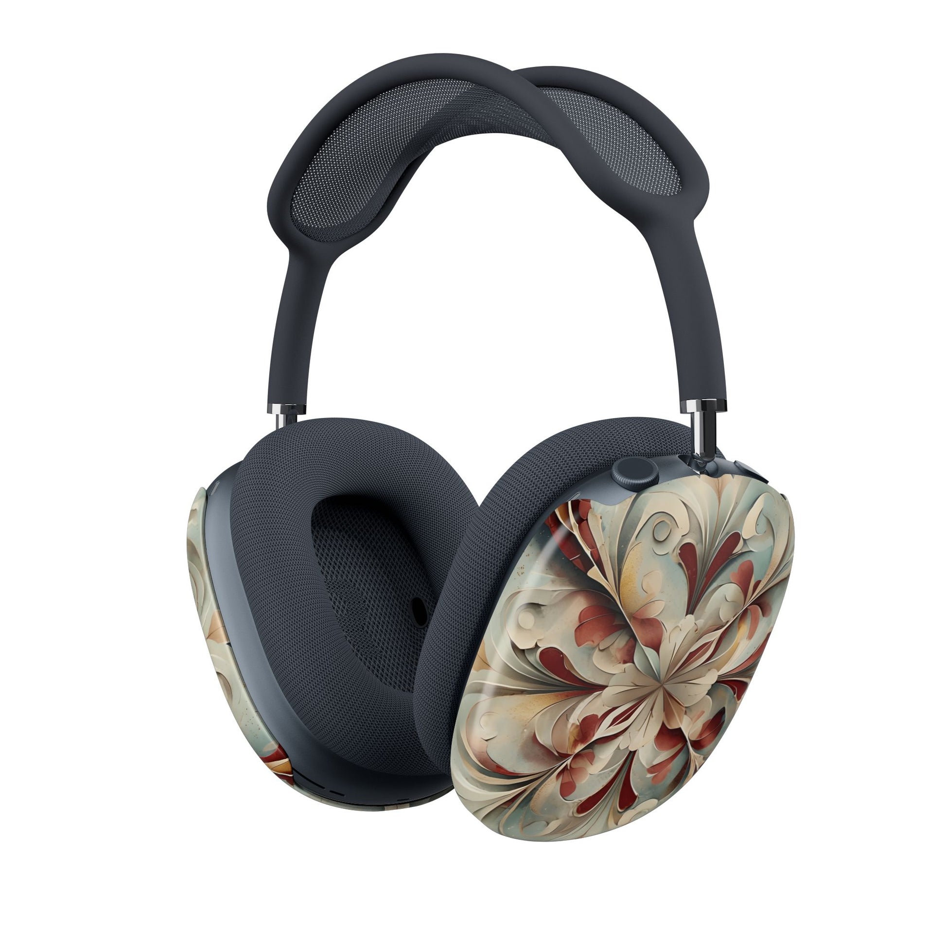 Vintage Baroque Blossom AirPods Max cover with ornate red and cream baroque floral motif on warm beige background, angled view on Apple AirPods Max headphones