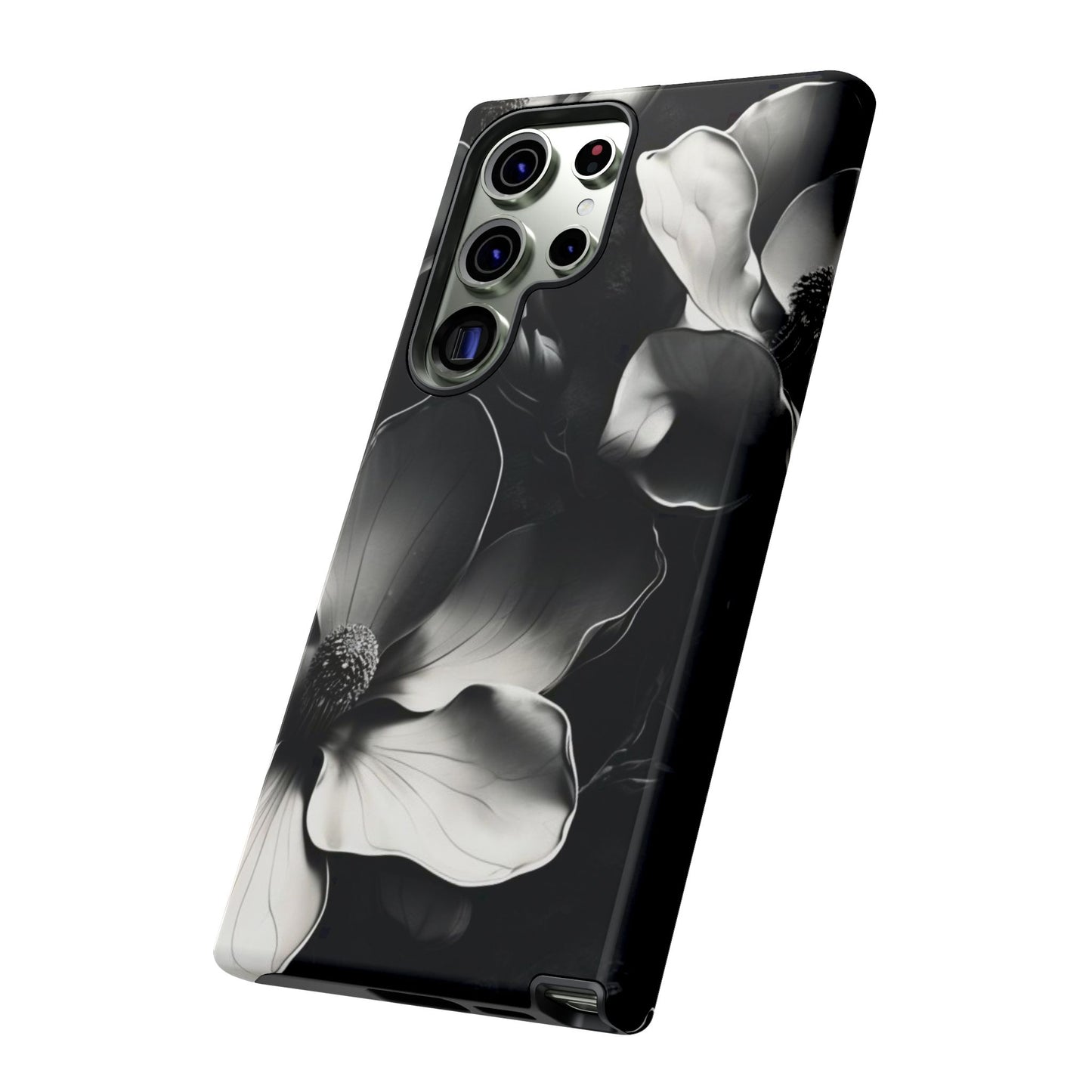 Monochrome Magnolia black and white floral Samsung Galaxy phone case angled view
