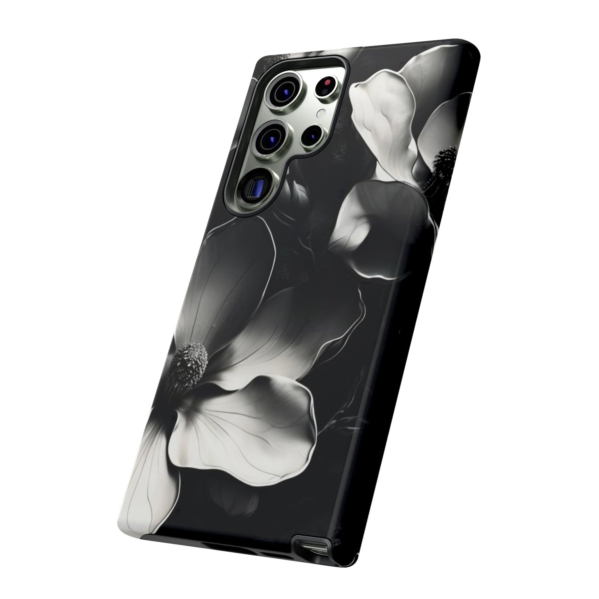 Monochrome Magnolia black and white floral Samsung Galaxy phone case angled view