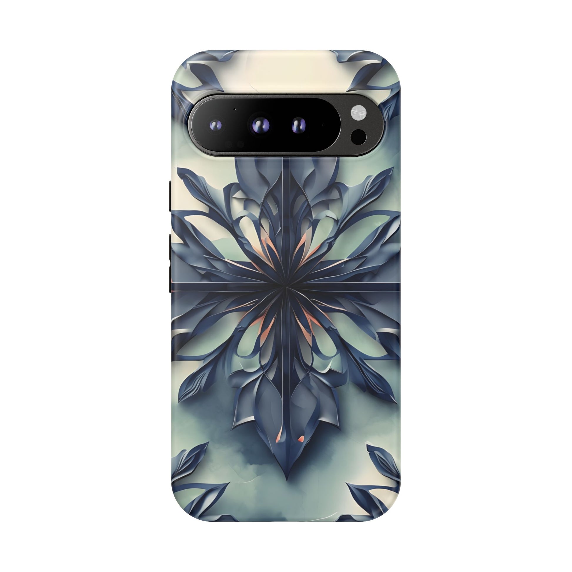 Frosted Indigo Bloom - Artistic Kaleidoscope Collection Artistic Floral - Google Pixel 9 Pro XL Tough Phone Case - Blue Symmetrical Design