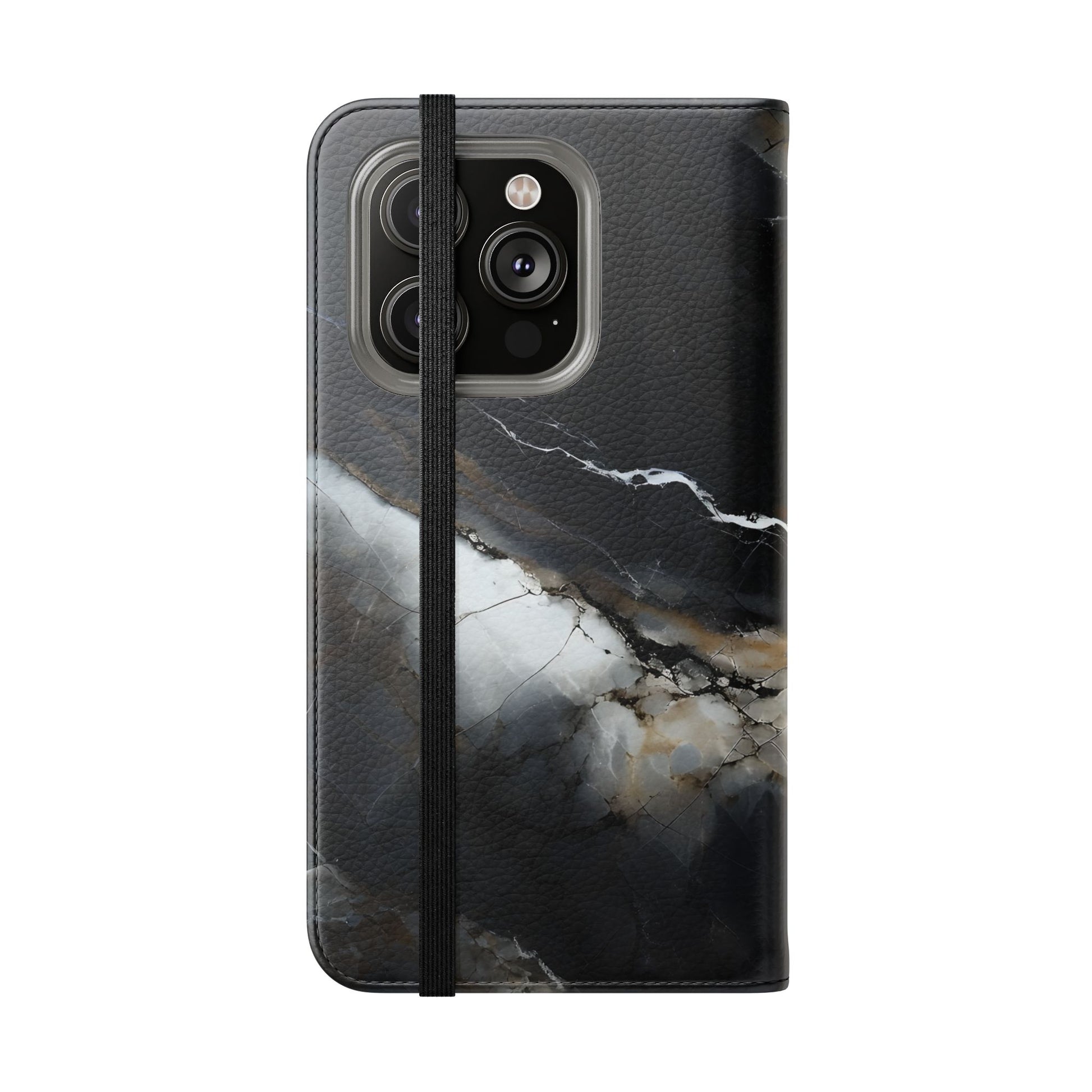 Obsidian Vein Wallet Phone Case - Black & White Marble - Flip Cover for iPhone 14 Pro