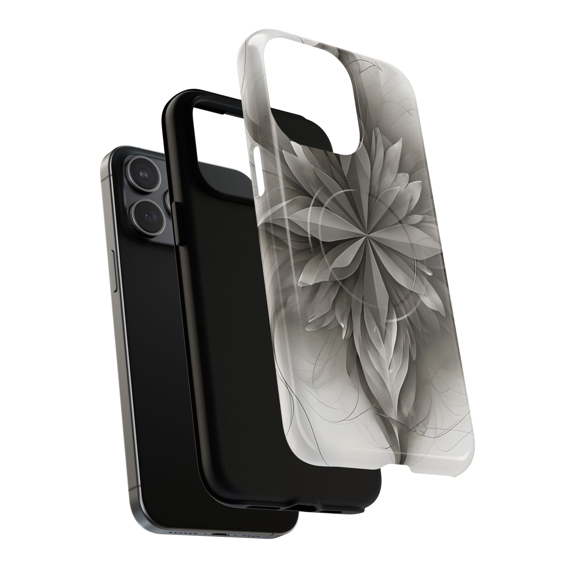 Silver Lotus - Elegant Monochrome Floral iPhone 15 Pro Max MagSafe Phone Case - Modern Lotus Design