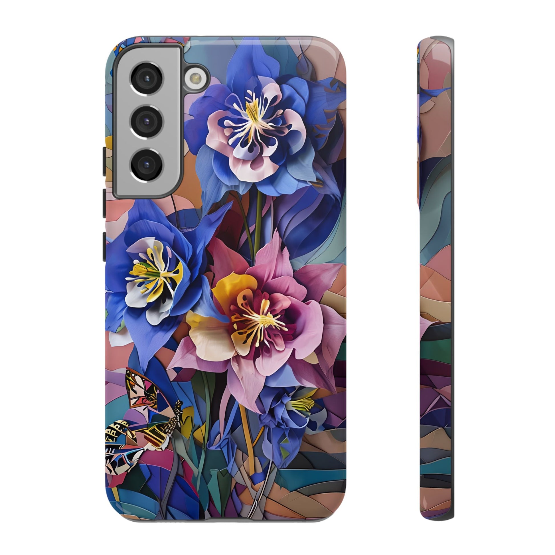 Blue Columbine Carnivale - Artistic Floral & Butterfly Samsung S22 Plus Tough Phone Case - Vibrant Botanical Design