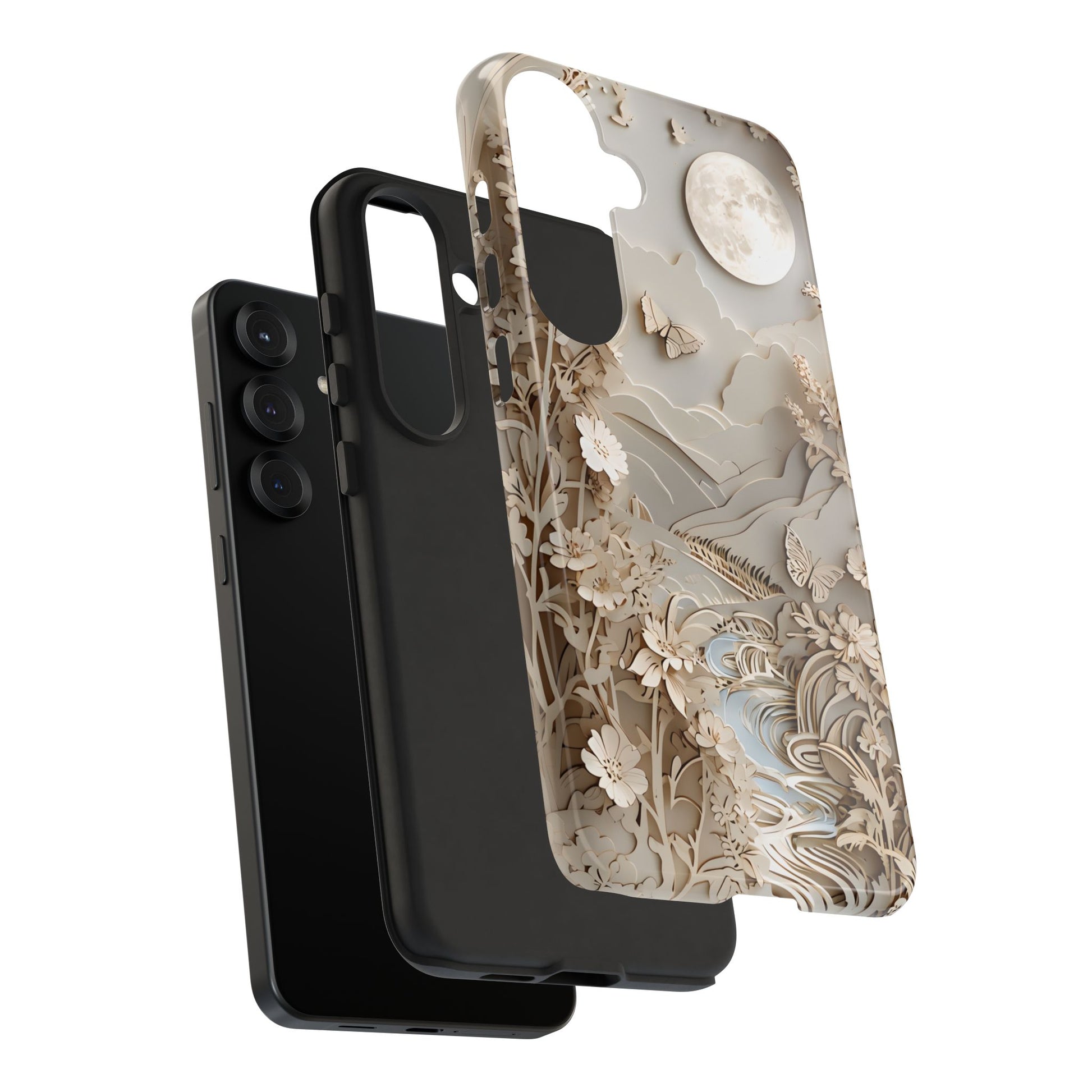 Moonlit Garden - Elegant Neutral Floral Samsung Galaxy S25 Plus Tough Phone Case - Painterly Botanical & Moon Design