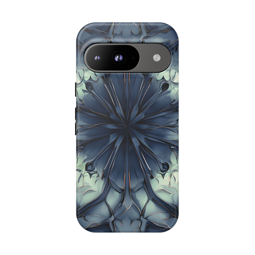 Indigo Mosaic - Artistic Kaleidoscope Collection Artistic Floral - Google Pixel 9 Tough Phone Case - Bold Blue Symmetrical Design