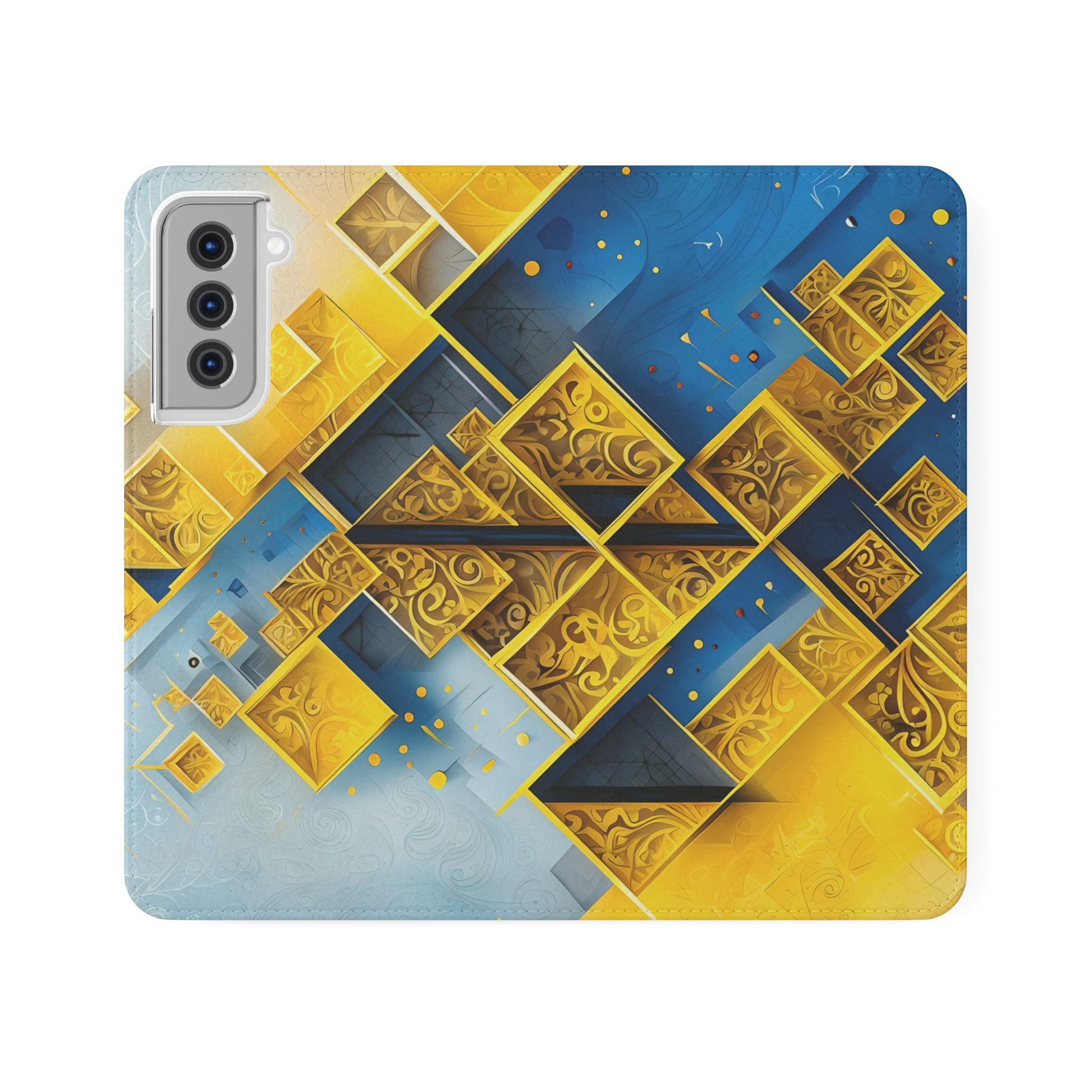 Golden Ascent Wallet Phone Case - Abstract Yellow & Blue Flip Cover for Samsung Galaxy S21