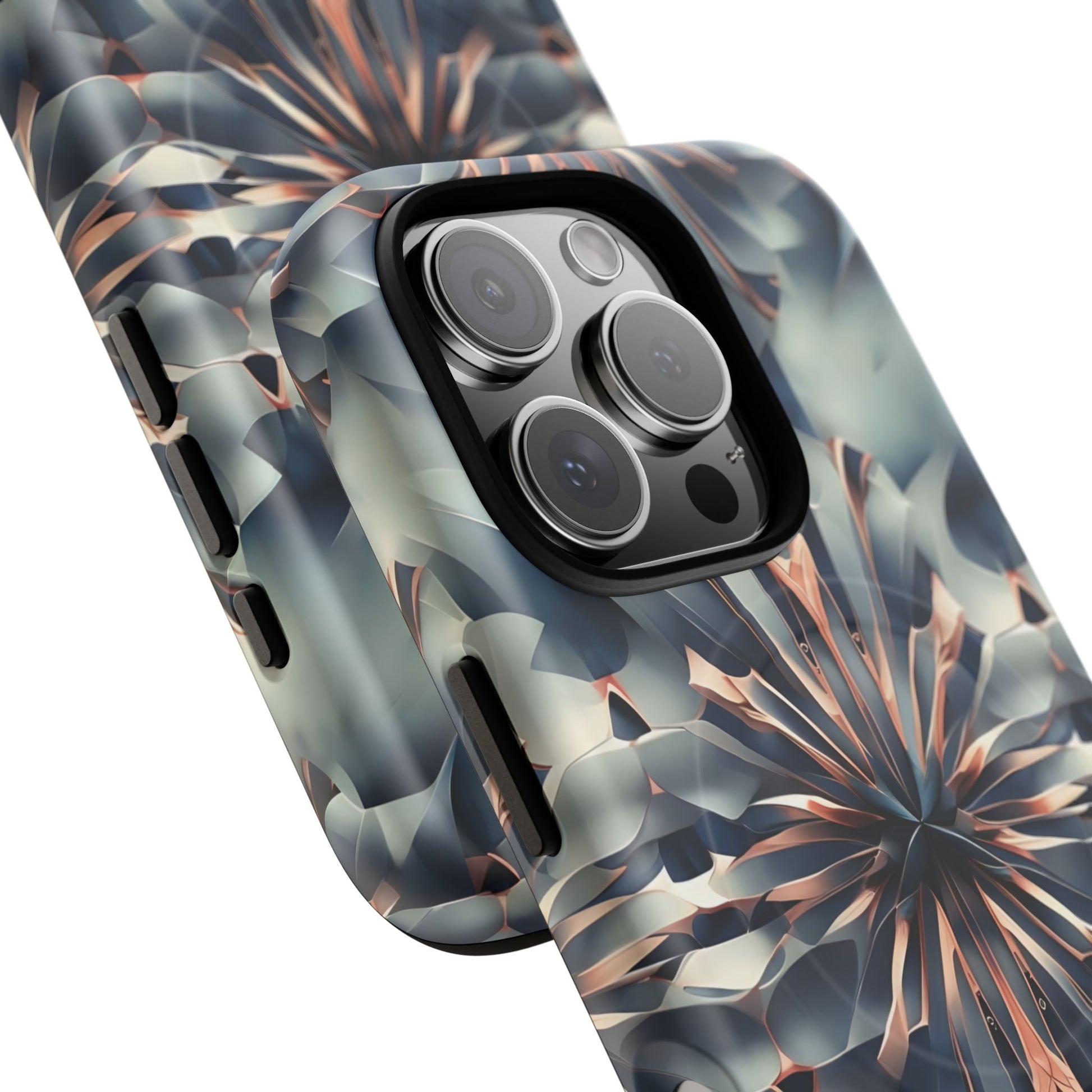 Obsidian Kaleidoscope Artistic Floral Burst - iPhone 16 Pro MagSafe Phone Case -Blue, Peach and Silver Symmetrical Design