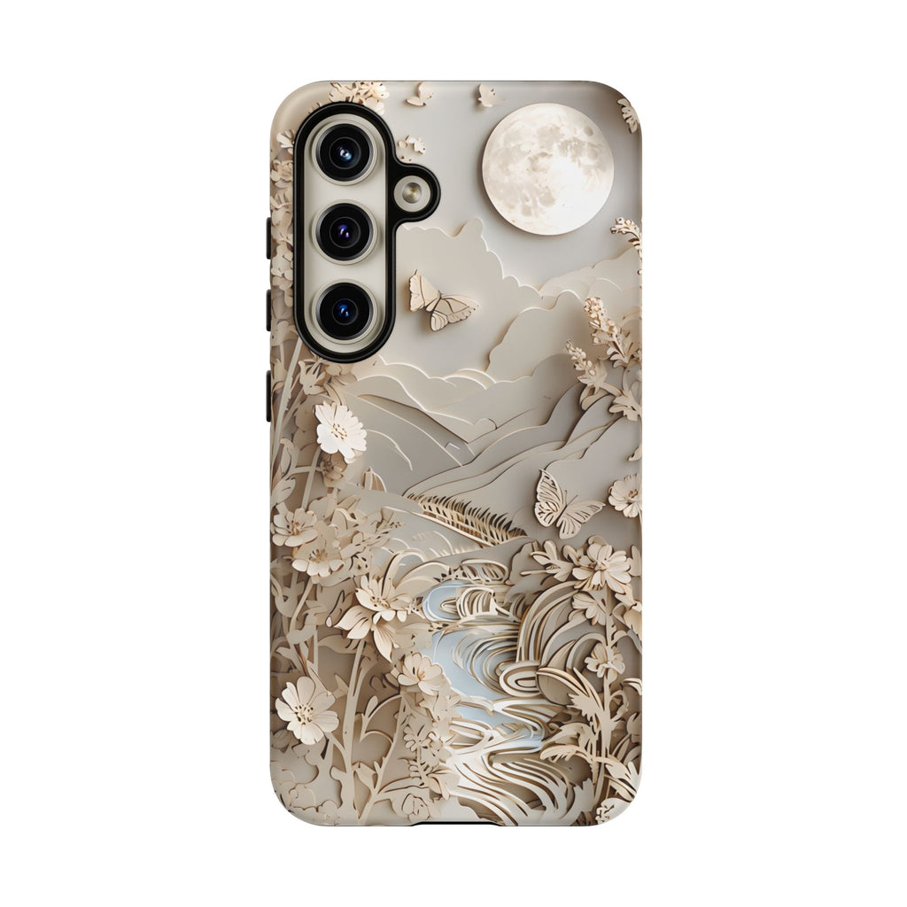 Moonlit Garden - Elegant Neutral Floral Samsung Galaxy S24 Tough Phone Case - Painterly Botanical & Moon Design
