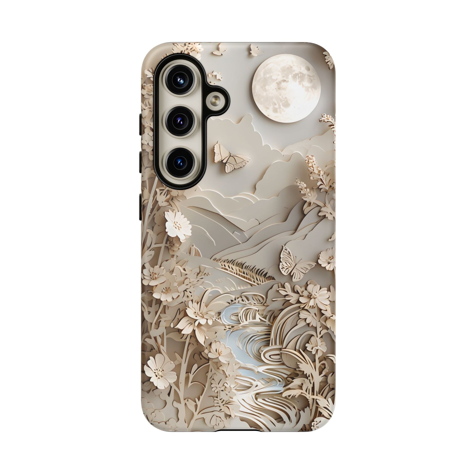 Moonlit Garden - Elegant Neutral Floral Samsung Galaxy S24 Tough Phone Case - Painterly Botanical & Moon Design