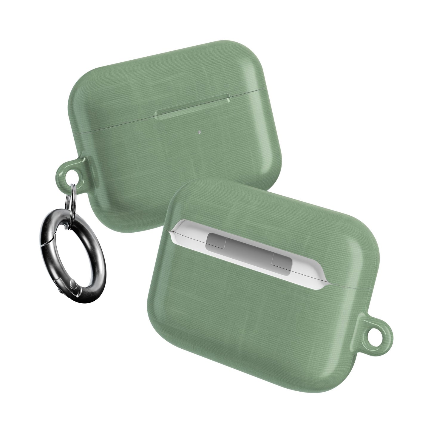 Two Sage Linen AirPods cases angled view showing fabric texture on both sides