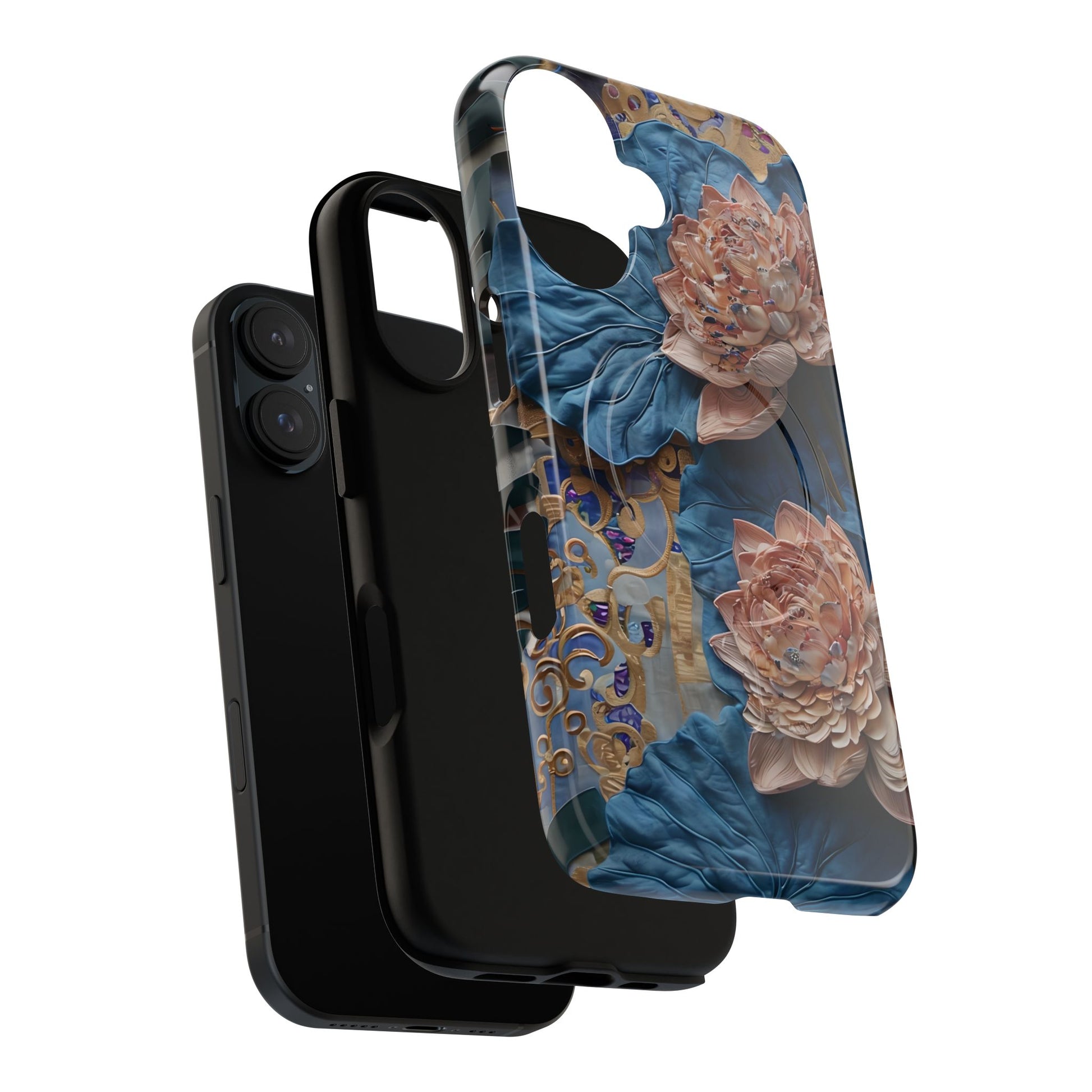Peony Midnight Tapestry - iPhone 16 - MagSafe Compatible - Elegant Blue & Blush Artful Phone Cover