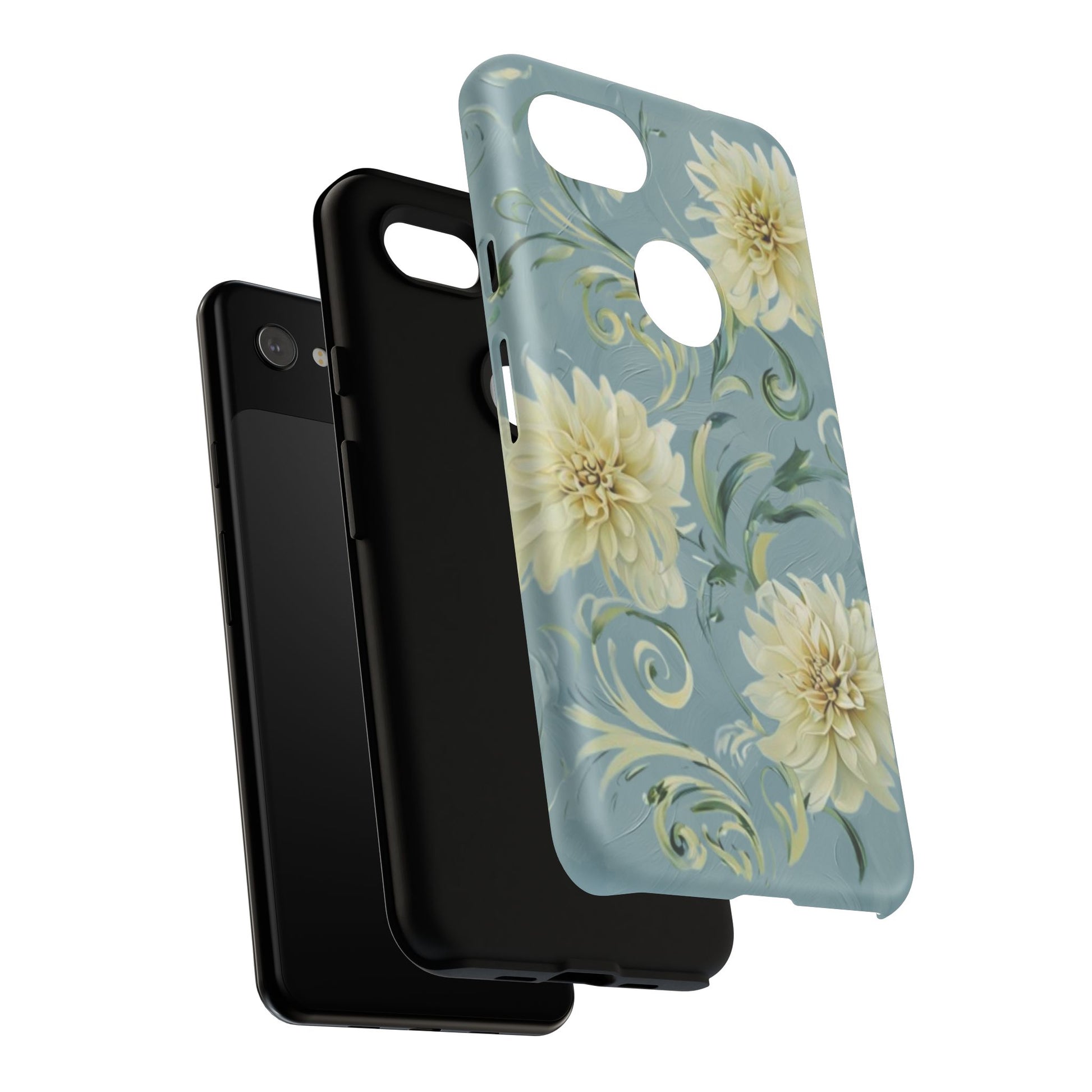 Golden Dahlia Trio - Elegant Floral Google Pixel 3a XL Tough Phone Case - Artistic White & Blue Dahlia Design