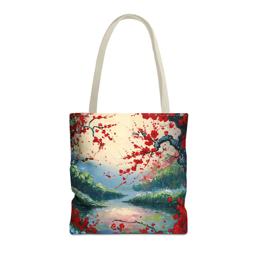 Crimson Blossom Lake Tote (16x16 & 18x18)- Serene Cherry Tree Landscape on Canvas, Reusable & Eco-Friendly