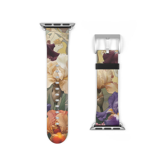 Iris Reverie Apple Watch band strap with silver clasp showing detailed iris floral artwork in purple and golden tones