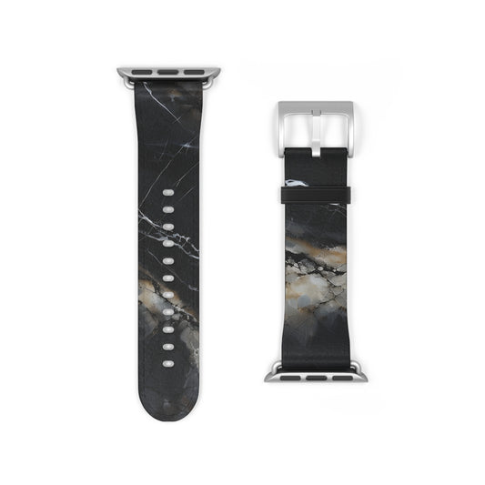 Obsidian Vein Apple Watch band strap with silver clasp showing black marble texture with natural stone veining