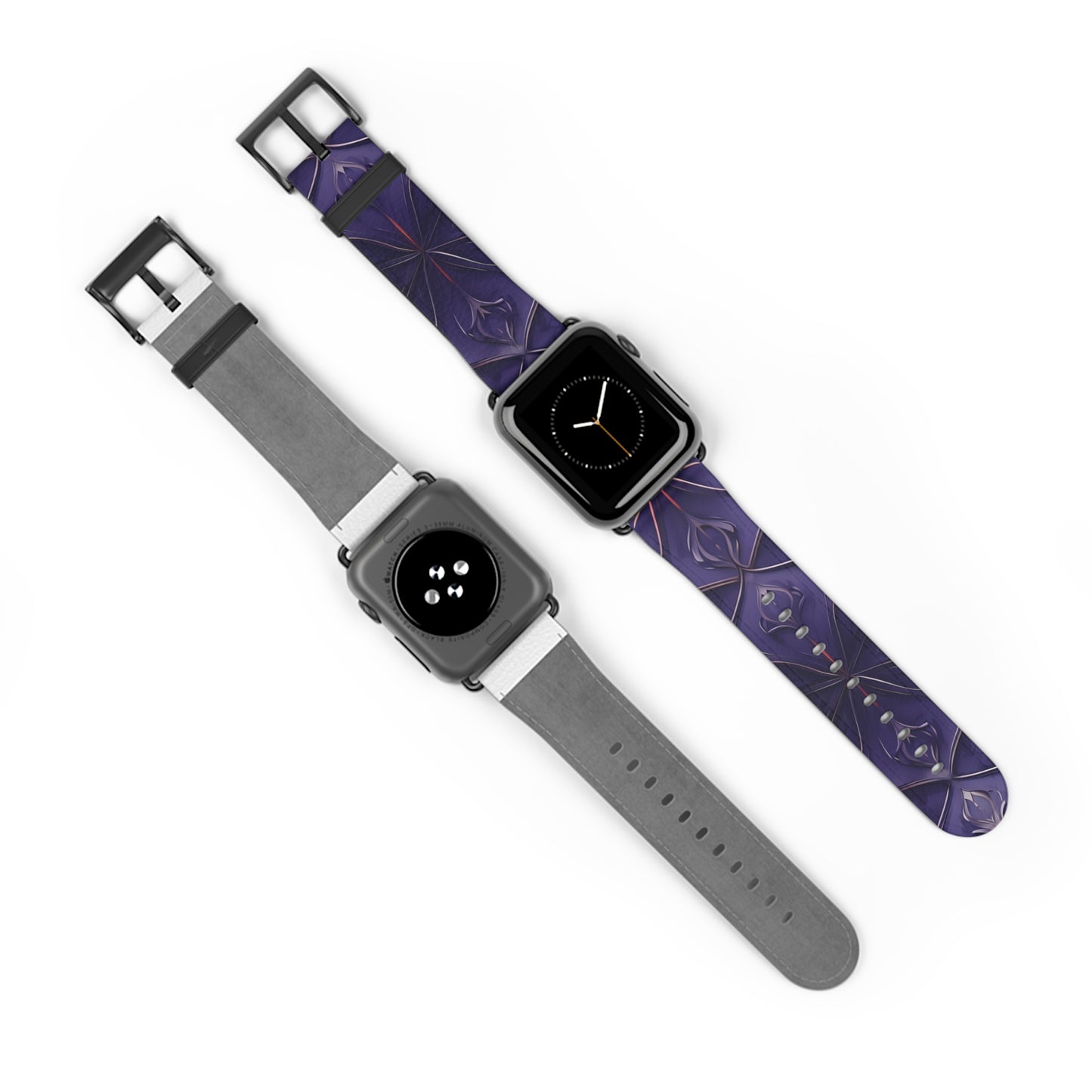 Violet Nebula Apple Watch bands shown on two watches front and back highlighting celestial geometric nebula pattern in violet tones
