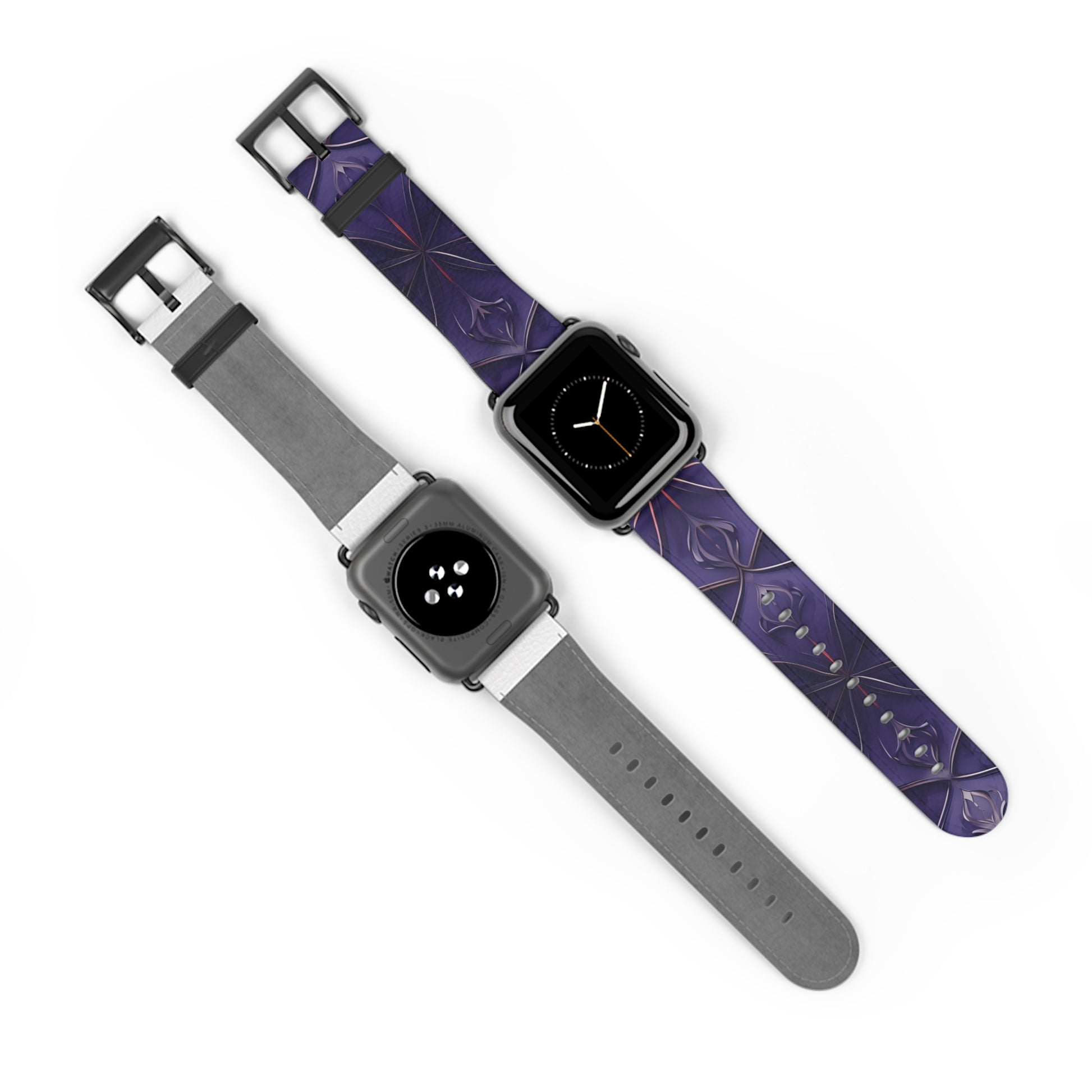 Violet Nebula Apple Watch bands shown on two watches front and back highlighting celestial geometric nebula pattern in violet tones
