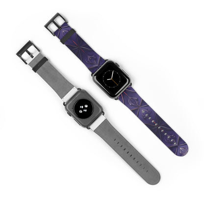 Violet Nebula Apple Watch bands shown on two watches front and back highlighting celestial geometric nebula pattern in violet tones