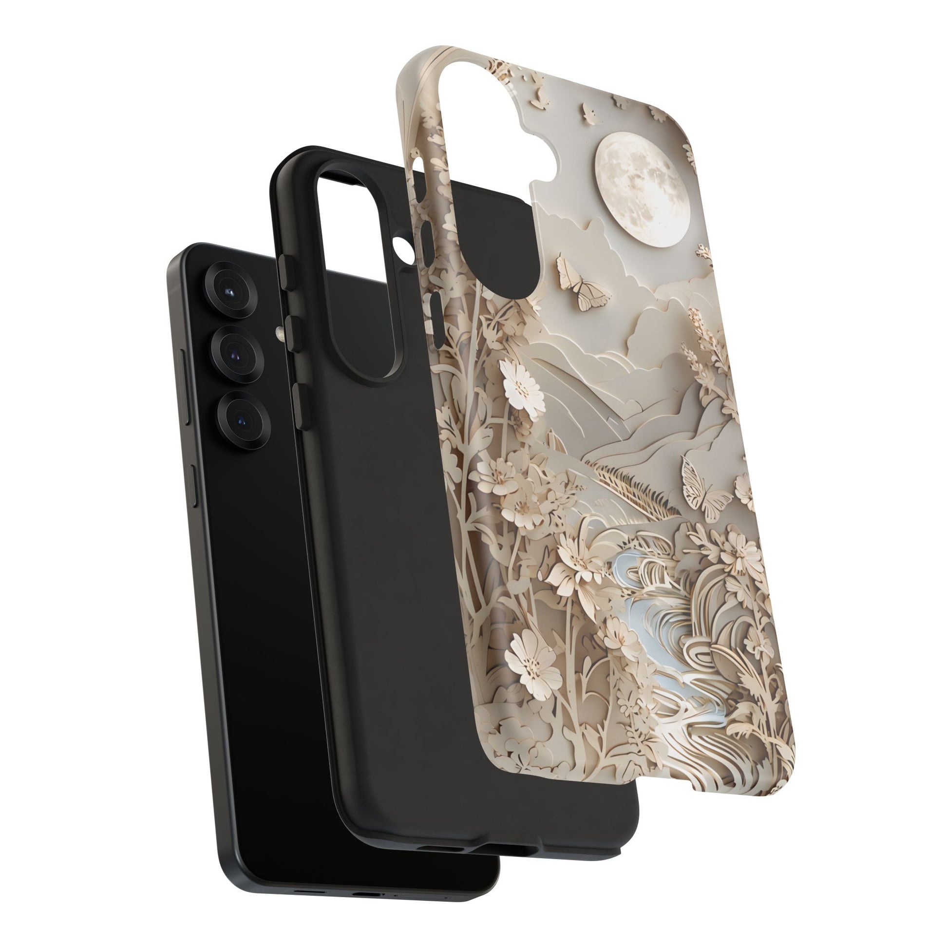 Moonlit Garden - Elegant Neutral Floral Samsung Galaxy S25 Plus Tough Phone Case - Painterly Botanical & Moon Design