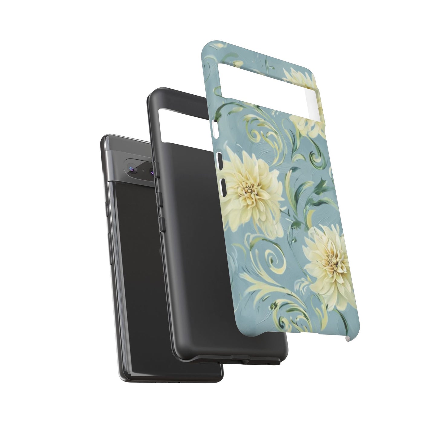 Golden Dahlia Trio - Elegant Floral Google Pixel Tough Phone Case - Artistic White & Blue Dahlia Design